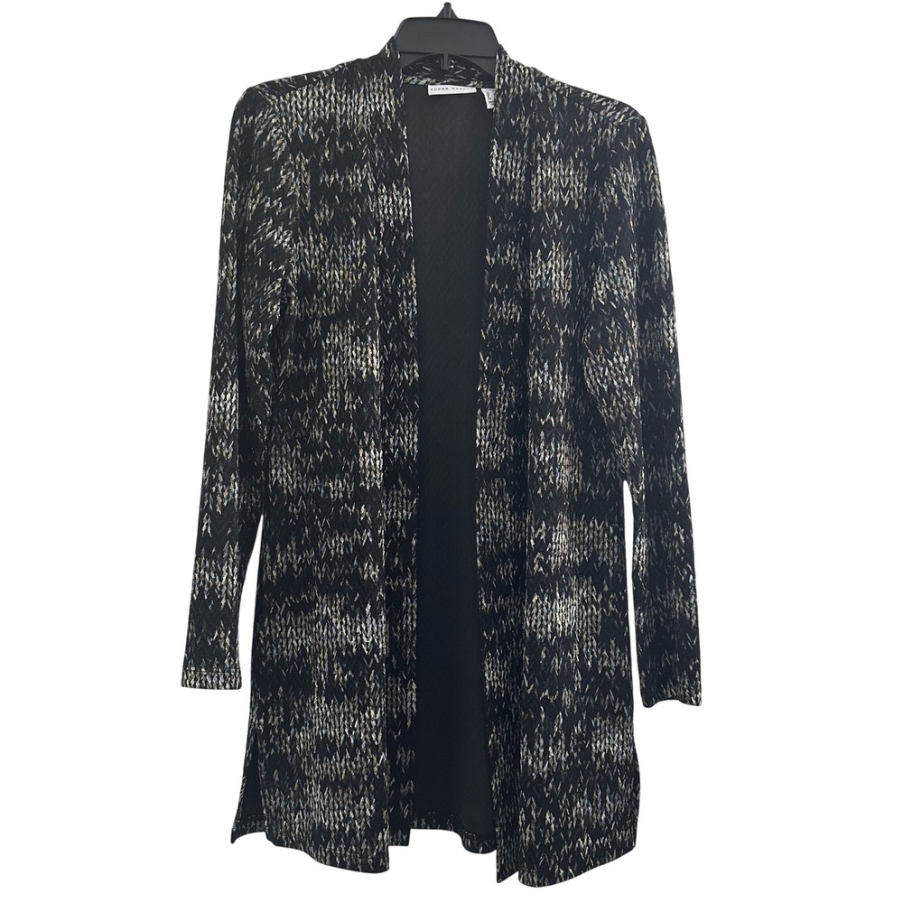 Susan Graver XS Duster Cardigan Open Front Textured Knit‎ Black Abstract Office